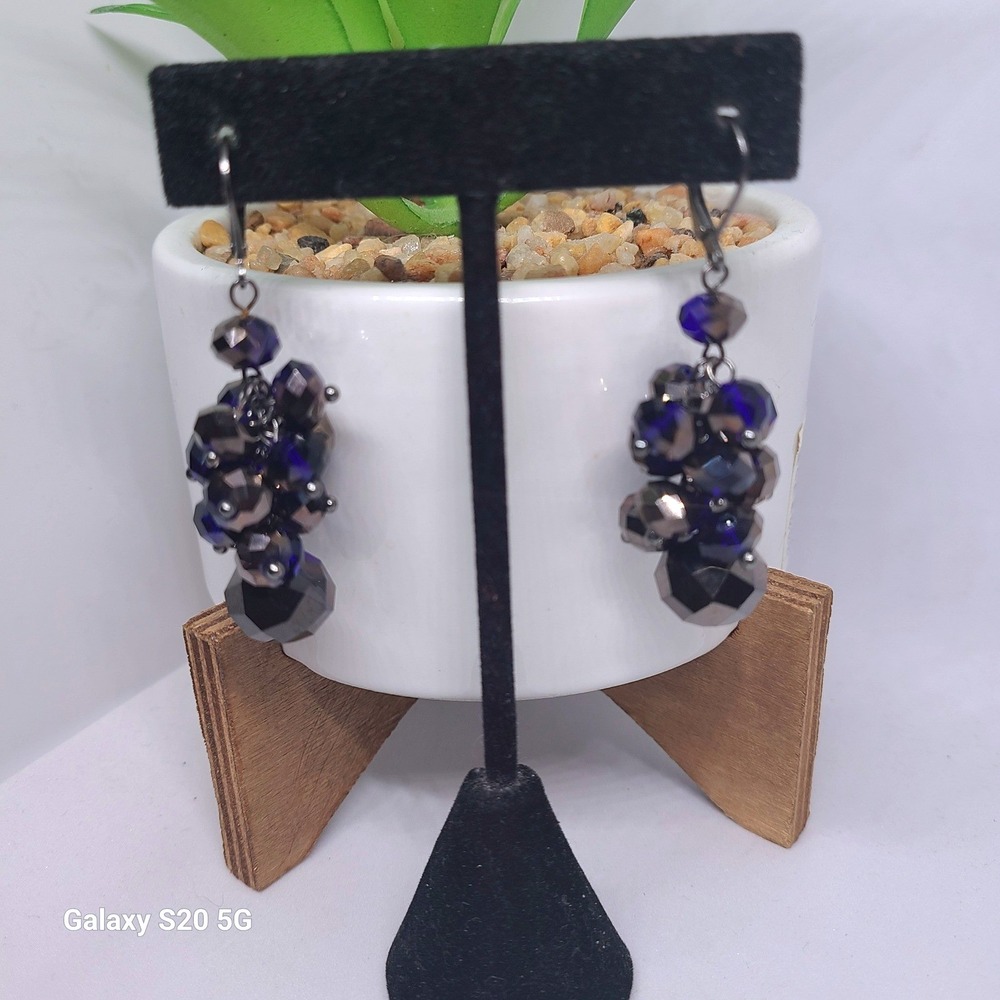 Beaded Dangle Earrings - Blue & Gray Faceted‎ Beads - Women's Fashion Jewelry